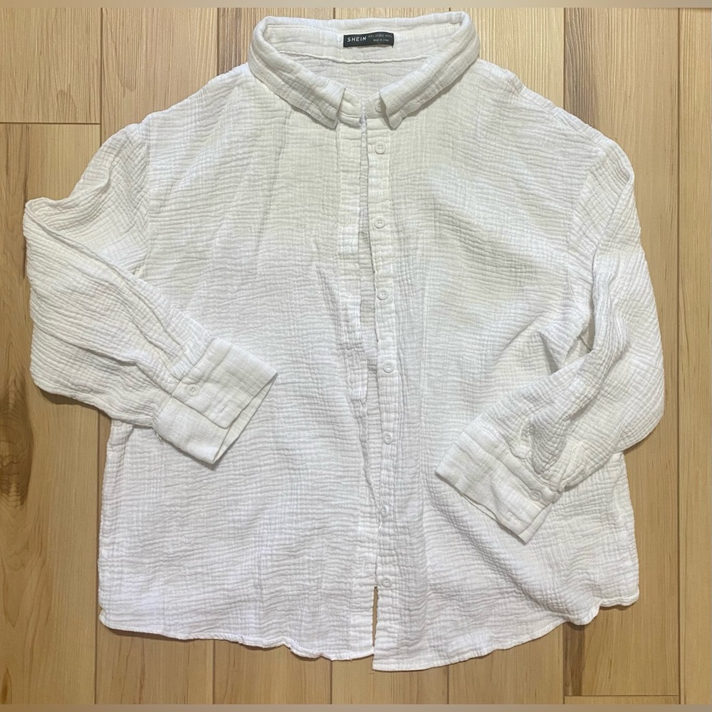 SHEIN Gauzy White Long Sleeve Button Front Top Size L